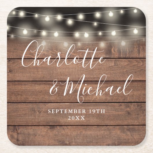 String Lights Rustiek Hout Handtekening Script Bru Vierkante Kartonnen Onderzetter (Voorkant)