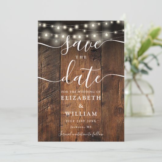 String Lights Rustiek Hout Schuur Boho Huwelijk Save The Date (Staand voorkant)