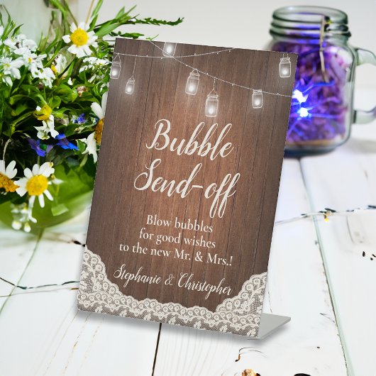 String Lights Rustiek Hout Script Bubble Send-Off Reclamebord Met Voetstuk