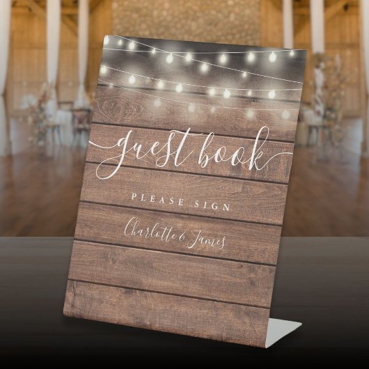 String Lights Rustiek Hout Script Gastenboek Reclamebord Met Voetstuk