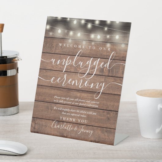 String Lights Rustiek Hout Unplugged Ceremonie Reclamebord Met Voetstuk (Insitu)
