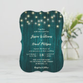 String Lights Rustiek Land Blauwgroen Hout Wedding Kaart (Staand voorkant)