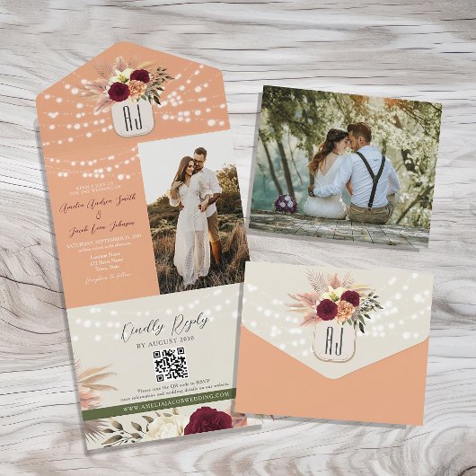 String Lights Rustieke Bloemen Bruiloft QR Code All In One Uitnodiging