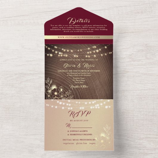 String Lights Rustieke Bourgondische bruiloft All In One Uitnodiging (Binnen)