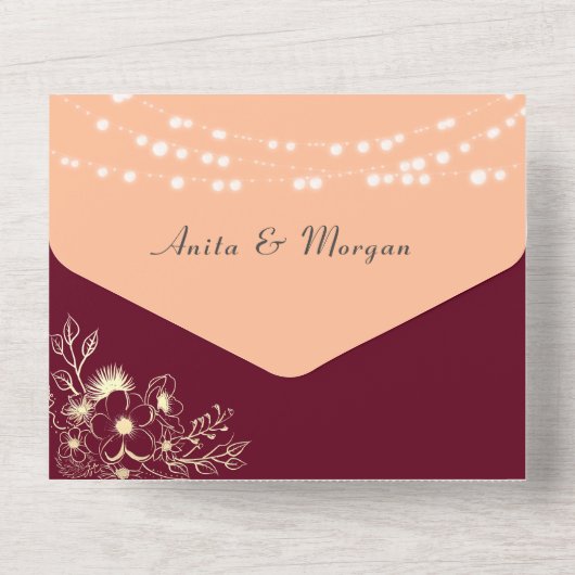 String Lights rustieke Bourgondische perzik bruilo All In One Uitnodiging (Achterkant)