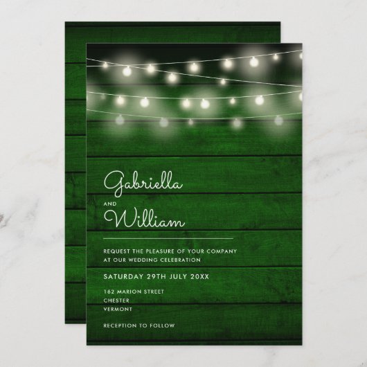 String Lights Rustieke Groene Houten Bruiloft Kaart (Voorkant / Achterkant)