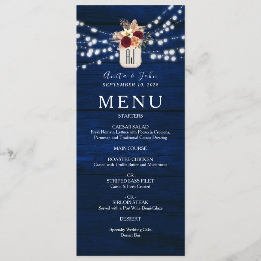 String Lights Rustieke Marine Blauwe Huwelijk Menu (Voorkant)