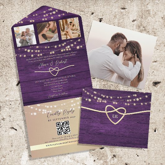 String Lights rustieke Paarse bruiloft QR-code All In One Uitnodiging