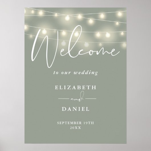 String Lights Sage Green Wedding Welcome Sign Poster (Voorkant)
