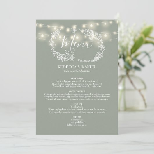 String Lights Sage Groene Bloemen Bruiloft Menu (Staand voorkant)