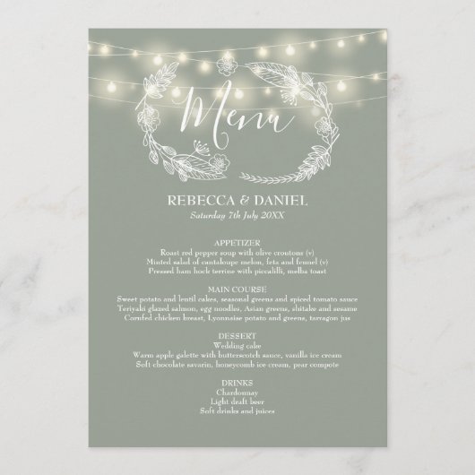 String Lights Sage Groene Bloemen Bruiloft Menu (Voorkant)