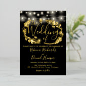 String Lights Script Weduwen Black en Gold Folie Uitnodiging (Staand Voorkant)
