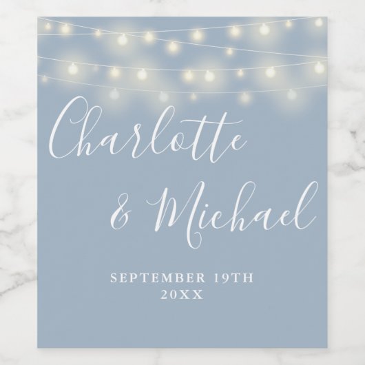 String Lights Signature Script Dusty Blue Wedding Wijn Etiket (Enkel label)