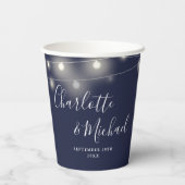 String Lights Signature Script Navy Blue Bruiloft Papieren Bekers (Achterkant)