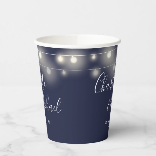 String Lights Signature Script Navy Blue Bruiloft Papieren Bekers (Links)