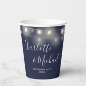 String Lights Signature Script Navy Blue Bruiloft Papieren Bekers (Voorkant)