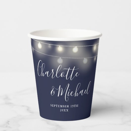 String Lights Signature Script Navy Blue Bruiloft Papieren Bekers (Voorkant)