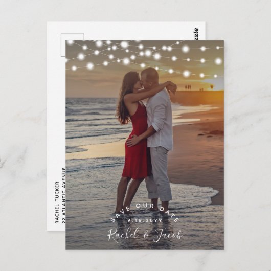 String Lights Sla de datum op Full-Photo Card Briefkaart (Voorkant / Achterkant)