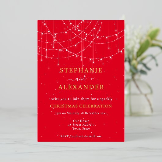 String Lights Snow Red-kerstfeestfeest - Echte lux Folie Uitnodiging (Staand Voorkant)