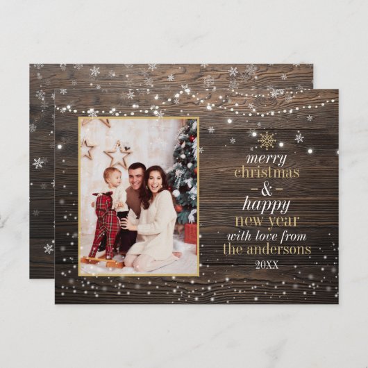 String Lights & Snow | Rustige kerstfoto met hout Briefkaart (Voorkant / Achterkant)