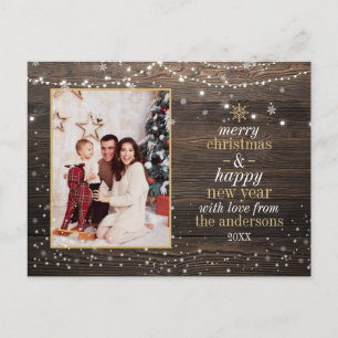 String Lights & Snow Rustige kerstfoto met hout Briefkaart