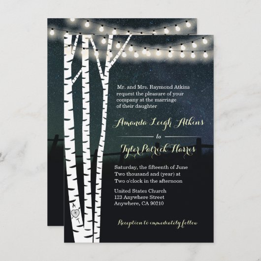String Lights Stars Birch Tree Wedding Invitations (Devant / Derrière)