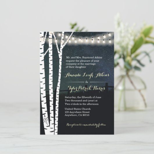 String Lights Stars Birch Tree Wedding Invitations (Debout devant)