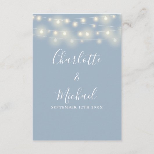 String Lights Stoffig Blauw Bruiloft Details Informatiekaartje (Achterkant)