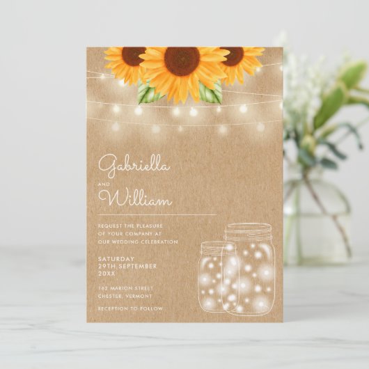 String Lights Sunflower Mason Jars Rustic Wedding Kaart (Staand voorkant)