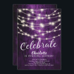 String Lights Sweet 16th Birthday Invitation<br><div class="desc">Luminaires à cordes modernes douce invitation 16 anniversaire ensemble sur un arrière - plan violet. Visitez notre dos fleuri assorti pour une touche spéciale.</div>