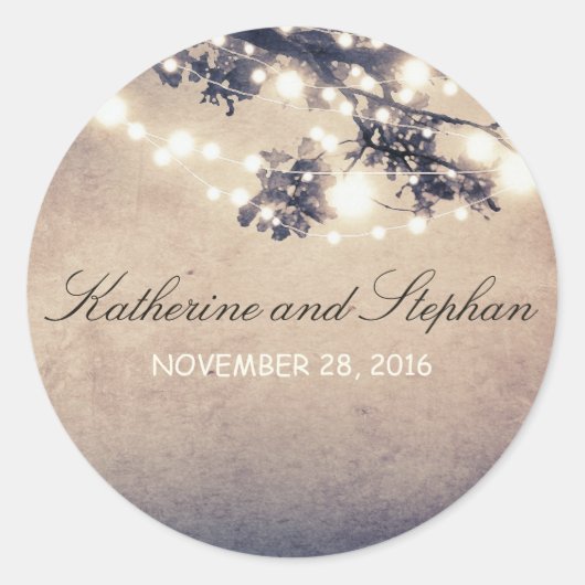 String Lights takken rustieke bruiloft Ronde Sticker (Voorkant)
