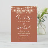 String Lights Terracotta Elegant Script Bruiloft Kaart (Staand voorkant)