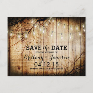 String Lights Tree Barn Wood Save the Date Aankondigingskaart
