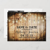 String Lights Tree Barn Wood Save the Date Aankondigingskaart (Voorkant / Achterkant)