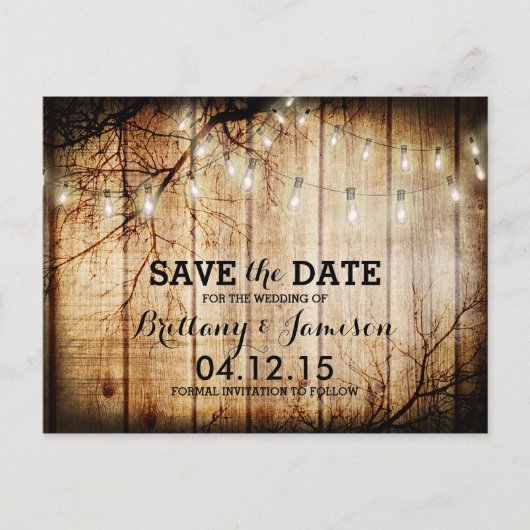 String Lights Tree Barn Wood Save the Date Aankondigingskaart (Voorkant)