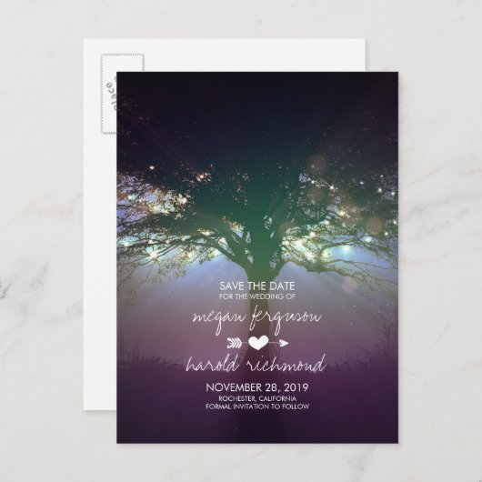 String Lights Tree Rustic Bewaar de datum Aankondigingskaart (Voorkant / Achterkant)