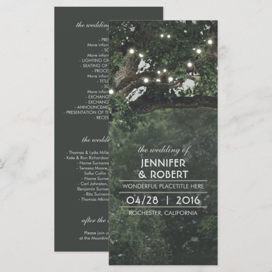 String Lights Tree-Rustic Woodland bruiloft progra Programma (Voorkant / Achterkant)