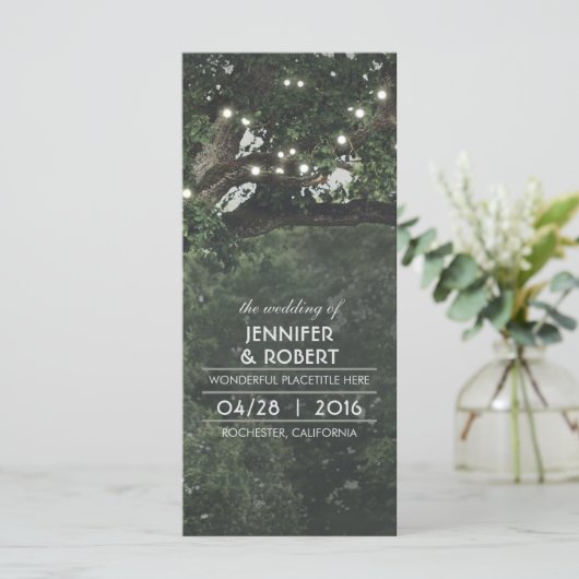 String Lights Tree-Rustic Woodland bruiloft progra Programma (Staand voorkant)