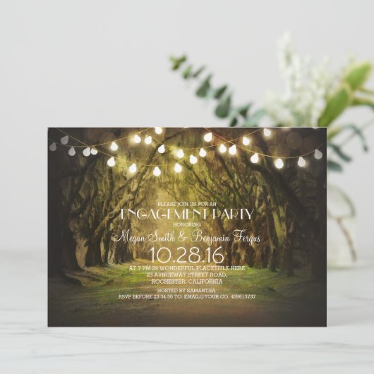 String Lights Trees Path Rustic Engagement Party Kaart (Staand voorkant)