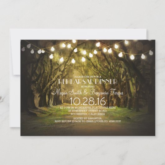 String Lights Trees Path Rustic Rehearsal Dinner Kaart (Voorkant)