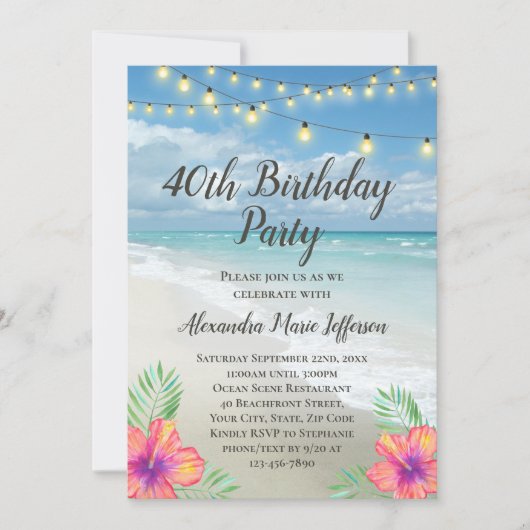 String Lights Tropical Luau Beach 40e verjaardag Kaart (Voorkant)
