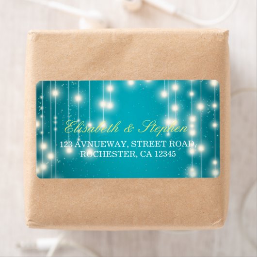 String Lights & Turquoise Glitter Wedding Address Etiket (Insitu)