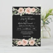 String Lights Waterverf Floral Roos Black Wedding Kaart (Staand voorkant)