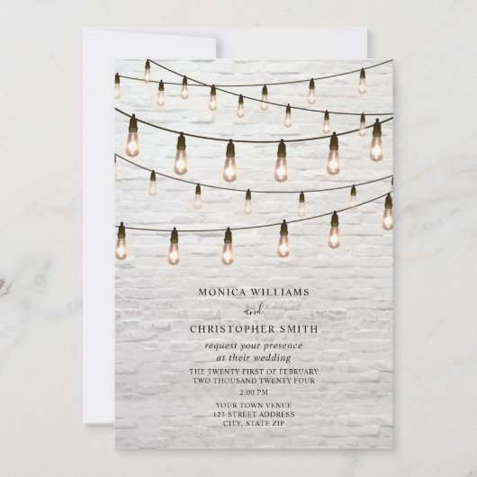 String Lights White Brick Wedding Kaart (Voorkant)