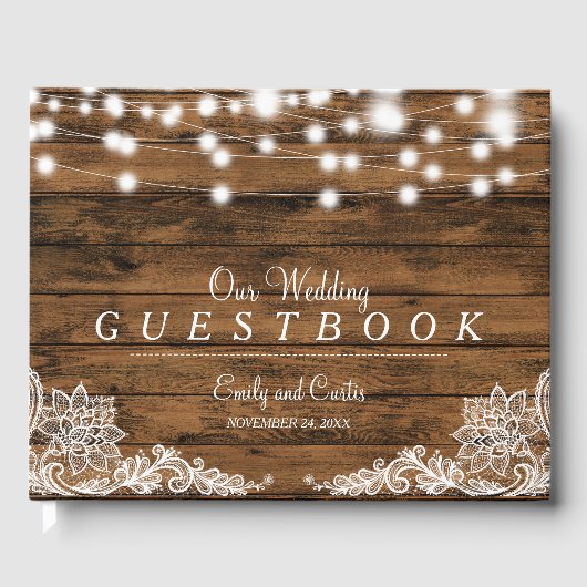 String Lights Wood en Lace | Weddenschap Gastenboek (Voorkant)