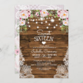 String Lights Wood Floral en Lace Sweet 16 Party Kaart (Voorkant / Achterkant)