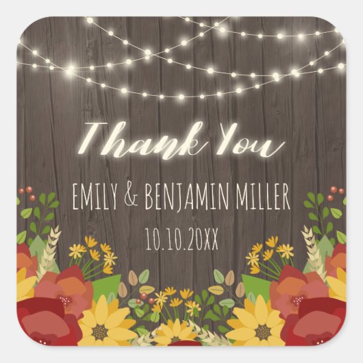String Lights & Zonnebloemen Rustiek Dank u Vierkante Sticker (Voorkant)