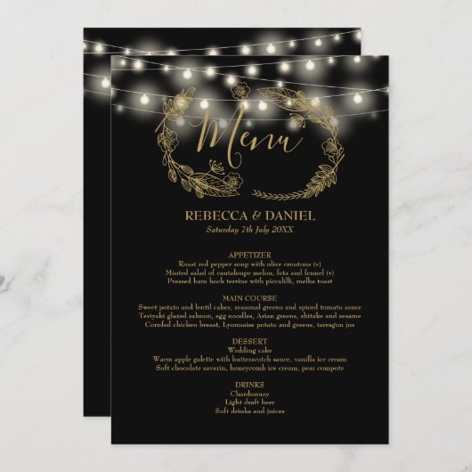 String Lights Zwart en Goud Bloemen bruiloft Menu (Voorkant / Achterkant)