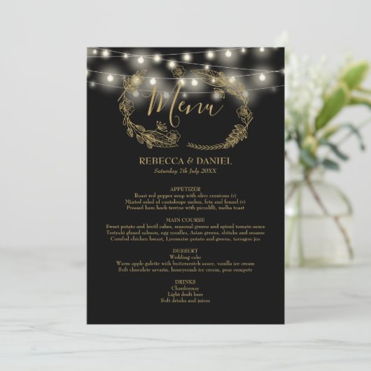 String Lights Zwart en Goud Bloemen bruiloft Menu (Staand voorkant)