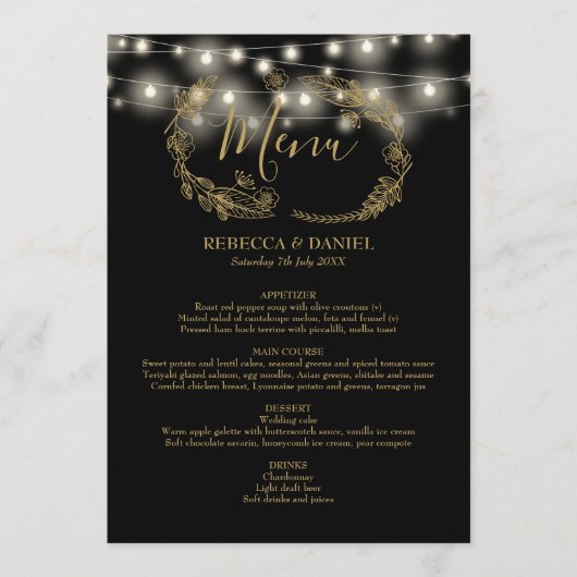 String Lights Zwart en Goud Bloemen bruiloft Menu (Voorkant)